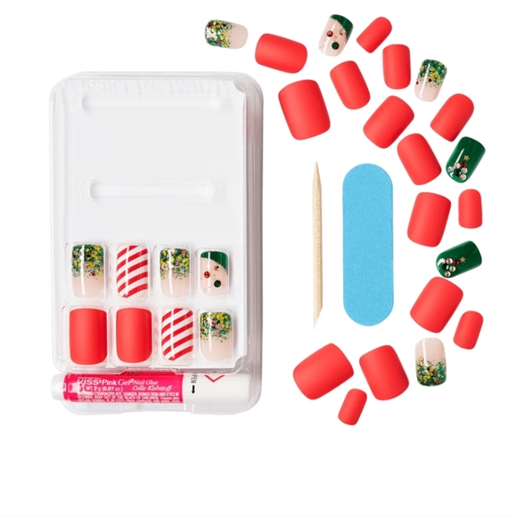 KISS Special Design Christmas Glue on Nails Glitter Stripes Short New Red Green - Picture 5 of 5